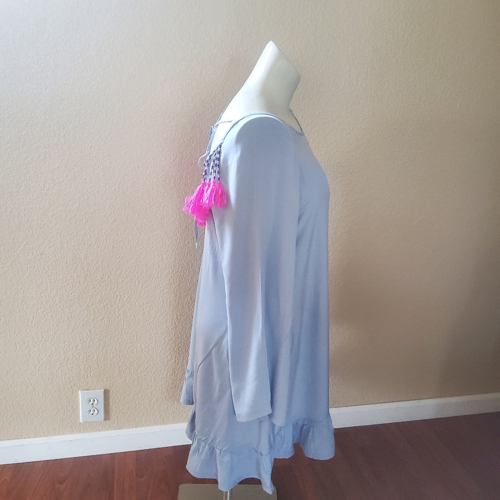 Philosophy Ruffle Beaded Fringe Long Sleeve Casual Dress Blue New - Picture 3 of 11